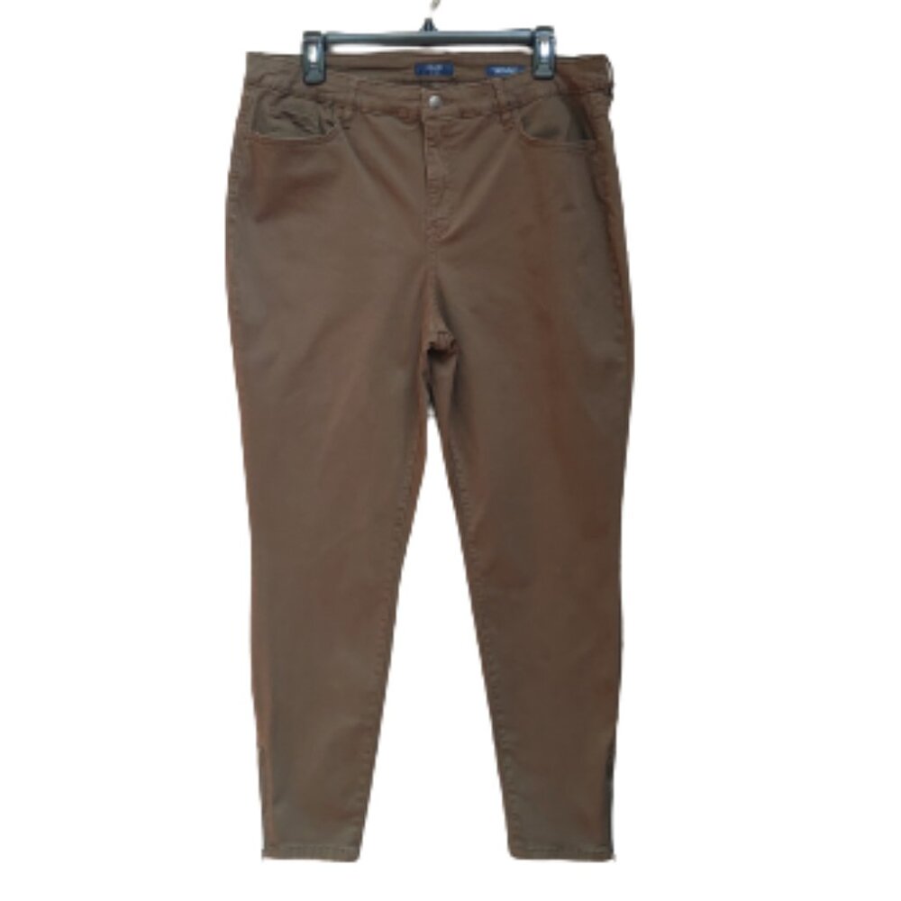 Kaari Blue Sateen Brown Skinny Pants Zipper Hem Cotton Blend Classic